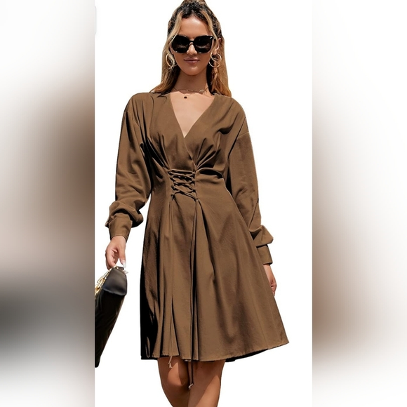 NEW Exlura Woman's Long Sleeve Elegant High Waist V-Neck Lace Up Drawstring - Picture 3 of 9